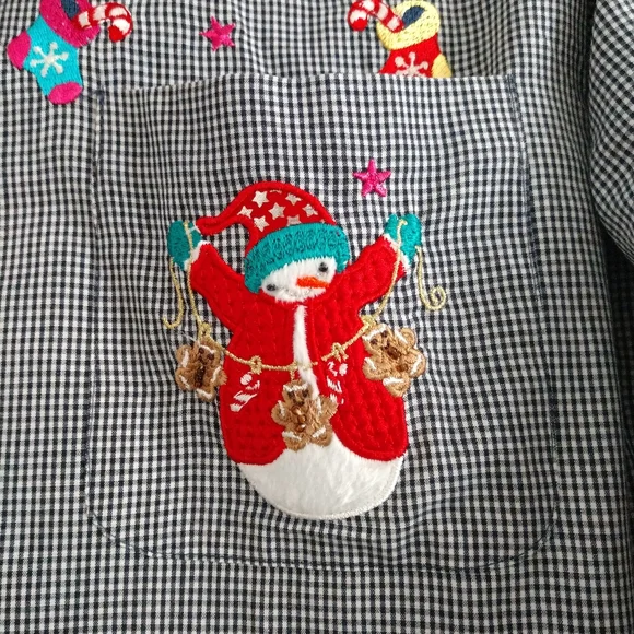 Karen Scott Embroidered Christmas Shirt Black White Gingham Check Snowman Large - Picture 5 of 8